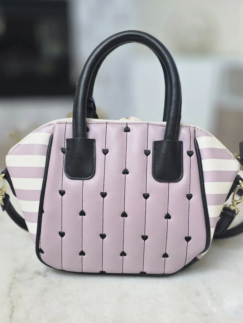 Luv Betsey Johnson Mini Satchel Crossbody Pink Striped Heart with Cat Pom